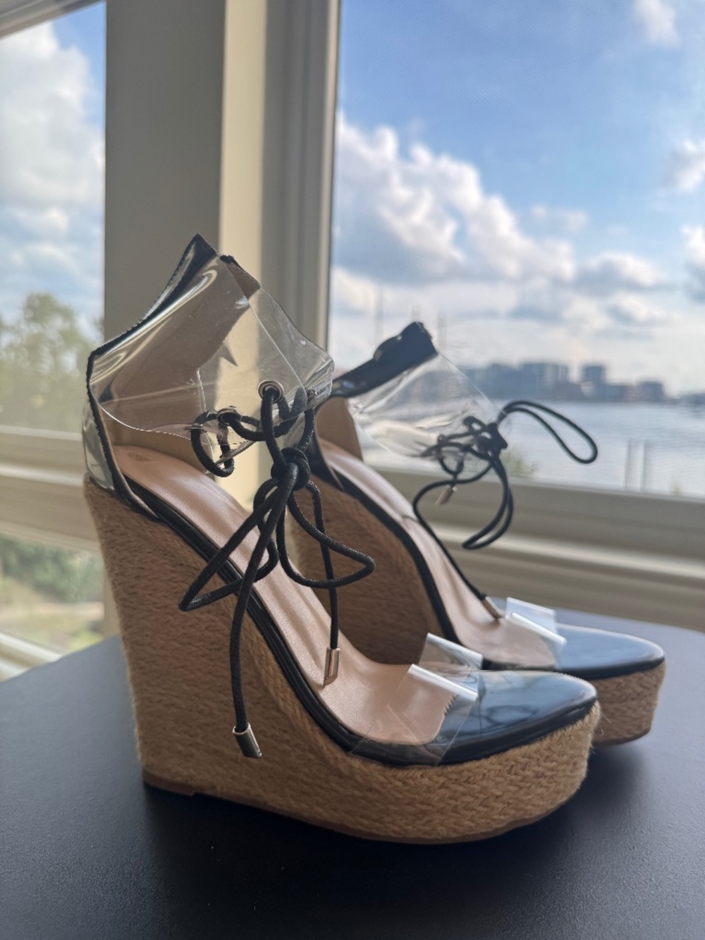 Black Clear PVC Lace-Up Espadrille Platform Wedge Sandals EU 38